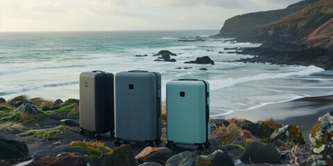 Wall Mural - Three travel suitcases overlooking a serene beachscape, symbolizing coastal adventure and travel.