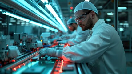 Aufkleber - A male engineer with a slight smile working in a chip manufacturing plant, conveyor belt, robotic arms. Generative AI.