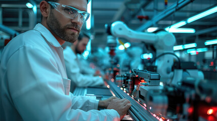 Aufkleber - A male engineer with a slight smile working in a chip manufacturing plant, conveyor belt, robotic arms. Generative AI.
