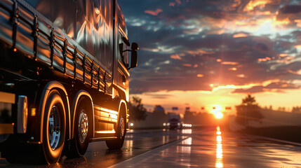 A cargo semi truck navigates a wet road, splashing water as it moves forward on the slippery surface