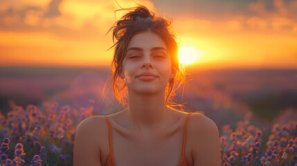 Sticker - Happy people - free woman enjoying nature sunset. Freedom and serenity concept with female model in ecstatic enjoyment. Mixed race Asian Caucasian female model in 20 enjoying sunset, Grand Canyon, USA