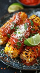 Wall Mural - Grilled corn on the cob topped with sauce and sprinkled with parmesan cheese on a plate