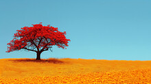Red Tree Stands Alone On The Yellow Grass, With A Clear Blue Sky