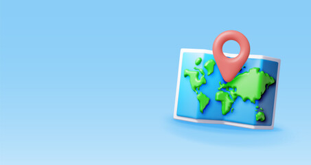Poster - 3D cartoon folded world map with location pin. Render world map silhouette. Planet icon. Cartography and geography. Earth day, Holiday and travel, GPS location navigation service. Vector Illustration