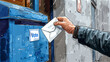 An ultrarealistic sketch of a mans hand dropping an envelope into a light blue electoral box with 