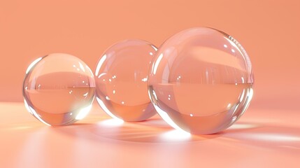 Image of large transparent glass balls on a peach-colored background. Luxury trendy wallpapers. Generative AI