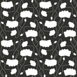Seamless pattern with abstract poppy flowers white silhouettes on black background