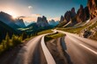 Mountain road at colorful sunset in summer. Dolomites Italy Beautiful curved roadway, rocks, stones, blue sky with clouds. Landscape with empty highway through the mountain pass in spring
