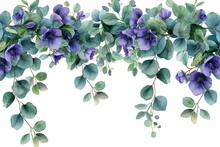 Watercolor Vector Wreath With Green Eucalyptus Leaves, Purple Flowers And Branches