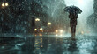 A pedestrian walking through a heavy downpour