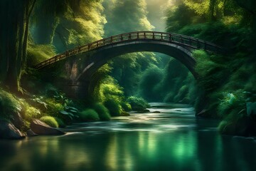 A picturesque scene of a bridge gracefully arching over a winding river, surrounded by lush greenery and bathed in soft sunlight, all captured in stunning