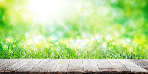 Wall Mural - Empty wooden table over bokeh natural background