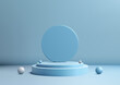 3D light blue podium with a circle backdrop in the middle sits and balls elements on a blue background