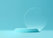 3D blue podium stand with circle glass backdrop is perfect for modern interior concept product display mockups