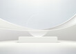 A minimalist scene with a white circle glass on top of a white podium in a white room. Product display mockups