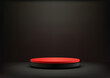 3D red and black podium on a black background with spotlight, Product mockup display