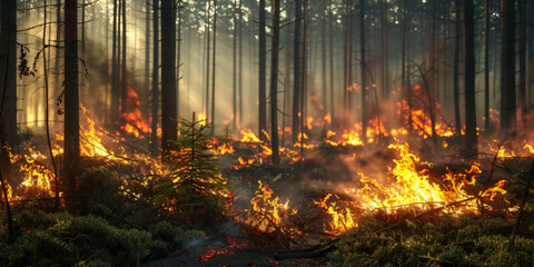 Wildfire forest fire in the afternoon. Grass and trees are burning. Grass is burning in meadow. Fire and smoke destroy all life. Ecological catastrophe concept