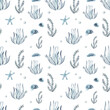 Corals, seaweed, starfish, blue jellyfish for prints and textures on a white background Watercolor seamless pattern with underwater creatures 