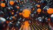 Glowing orange and black spheres on a 3D background. AI.