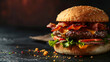 A big mouth-watering burger on a dark background. AI.