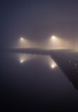 Fototapeta Las - A suburb and streetlights at the waterfront in the dense fog.