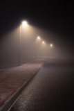 Fototapeta Las - Streetlights in a suburb in the dense, spring fog.