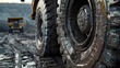 a massive tire of a dump truck, coated in mud and gritty earth, symbolizing the heavy-duty nature of mining equipment. The background, deliberately out of focus, shows other machinery