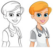 Colorful and outlined versions of a cartoon nurse