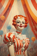 happy female clown in crowd vintage circus painting with balloons 