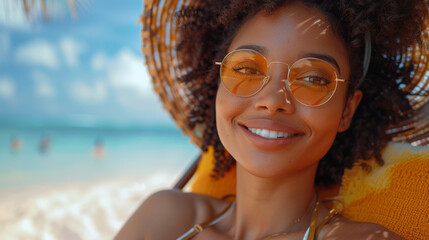 Wall Mural - Happy young black woman relaxing on deck chair at beach wearing spectacles. Smiling african american girl with sunglasses enjoy vacation. Carefree happy young woman sunbathing at sea with copy space.