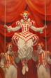 3 happy female clowns on rope swing in crowd vintage circus painting in big top