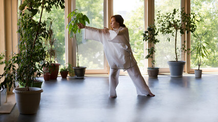 Wall Mural - Young Woman praticing tai chi chuan in the gym. Chinese management skill Qi's energy. banner. copy space. Healthy lifestyle 