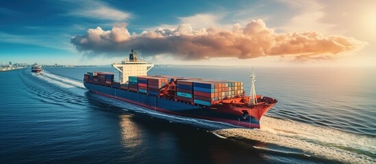 Aerial top view of cargo sea vessel with contrail on sea vessel carrying containers and running for export concept freight forwarding