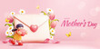 3D Mothers Day banner with miniature girl and love letter surrounded by flowers on pink background