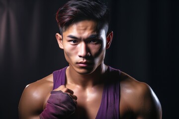 Wall Mural - Muay Thai fighter, his focus unwavering against a subtle lavender background, capturing the essence of Thai combat sports