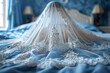 A flowing white veil sits on a bed. The veil covers hair, and the white dress she wears pools around her. The room is sparsely furnished and bathed in soft light.