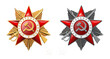 Order of the Patriotic War, Red gold, silver star, 1st and 2nd degree. 1941-1945, inscription in English and Russian: Second World War. Hero award, people. On a white background. Vector illustration