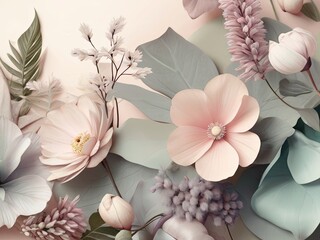 Wall Mural - 3d wild  flowers,  leaves, nature,  soft colors, freshness,  pastel tones  on white background  