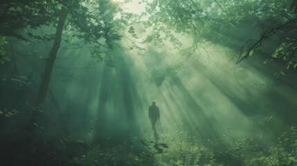 Writer, photographer, creative fusion, words and visuals dance together in a delicate balance, amid a misty forest setting, Photography, Backlights, Depth of Field