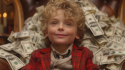 Smiling Child with Pile of Dollar Bills