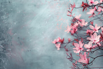 Poster - Slide background with colorful blossom branches framing on a painted wall. Background image. Created with Generative AI technology.
