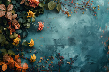 Poster - Slide background with colorful leaves and flowers framing on a painted wall. Background image. Created with Generative AI technology.