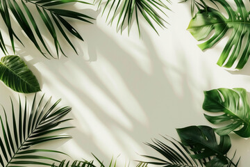 Poster - Slide background with tropical leaves framing on a white wall. Background image. Created with Generative AI technology.