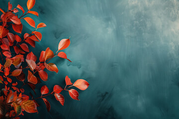 Poster - Slide background with red leaves framing on a painted wall. Background image. Created with Generative AI technology.