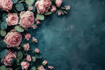 Poster - Slide Background with green leaves and pink flowers  framing on a grey blue stucco wall. Background image. Created with Generative AI technology.