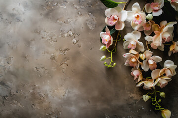 Poster - Slide Background with soft orchid flowers framing on a warm grey stucco wall. Background image. Created with Generative AI technology.
