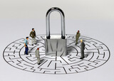 Fototapeta Kosmos - Lock and business miniatures in the maze. Privacy concepts, business, and security concepts.
