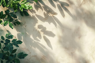 Poster - Slide background with green leaves framing on a stucco wall. Sun light and soft shadows. Background image. Created with Generative AI technology.
