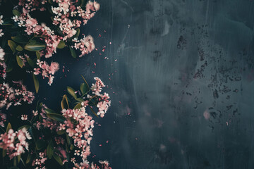 Poster - Slide Background with green leaves and pink flowers  framing on a grey blue stucco wall. Background image. Created with Generative AI technology.