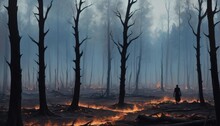 A Haunting Scene Of A Burnt Forest Aftermath With A Lone Figure Standing Amidst Charred Trees, Under A Hazy, Smoke-filled Sky.. AI Generation